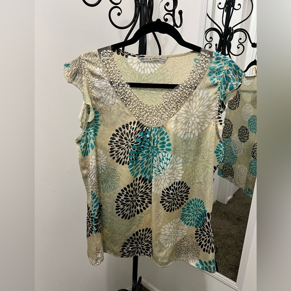 Signature by Larry Levine Floral Print Blouse - Cream, Black, Teal - Picture 1 of 6